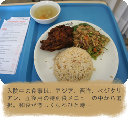 入院中の食事は、アジア、西洋、ベジタリアン、産後用の特別食メニューの中から選択。和食が恋しくなるひと時…。