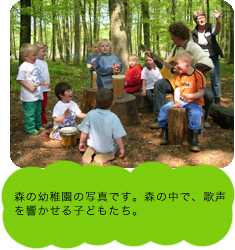森の幼稚園の写真です。森の中で、歌声を響かせる子どもたち。